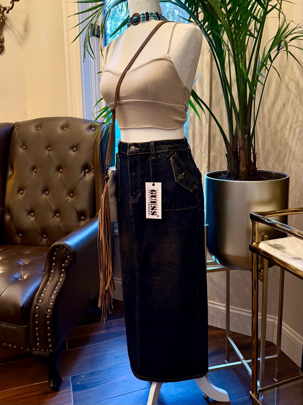 GUESS ORIGINALS Split Back Denim Jean MIDI Skirt High Rise Wonder Dark Wash 29